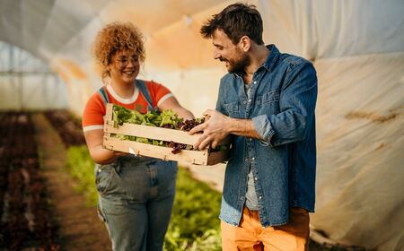 Frau übergibt Mann eine Kiste mit Salat